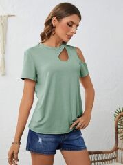 Kadın Kısa Kollu Tek Omuzu Açık Damla Detaylı Viskon Bluz