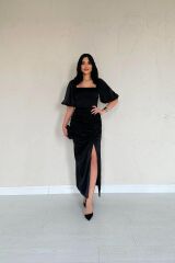 Siyah Büzgülü Saten Elbise