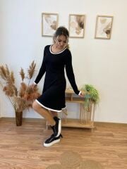 Kadın Uzun Kollu Derin Yuvarlak Yakalı Kısa Viskon Iki Iplik Elbise