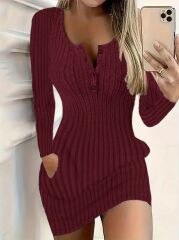 Kadın Uzun Kollu Yakası Açık Düğme Ve Cep Detaylı Kısa şardonlu Kaşkorse Elbise