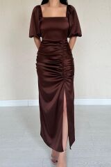 Kahverengi Büzgülü Saten Elbise
