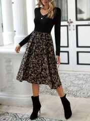 Kadın Uzun Kollu V Yakalı üst Viskon Alt çiçek Desenli Süprem Kısa Elbise