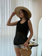 Kadın Askılı Yuvarlak Yaka Geometrik Desenli Triko Bluz