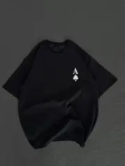 Unisex Bisiklet Yaka Baskılı Oversize T-Shirt - Siyah