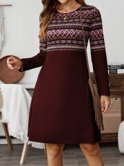 Kadın Uzun Kollu Bisiklet Yaka Etnik Desenli Kısa şardonlu Dalgıç Elbise