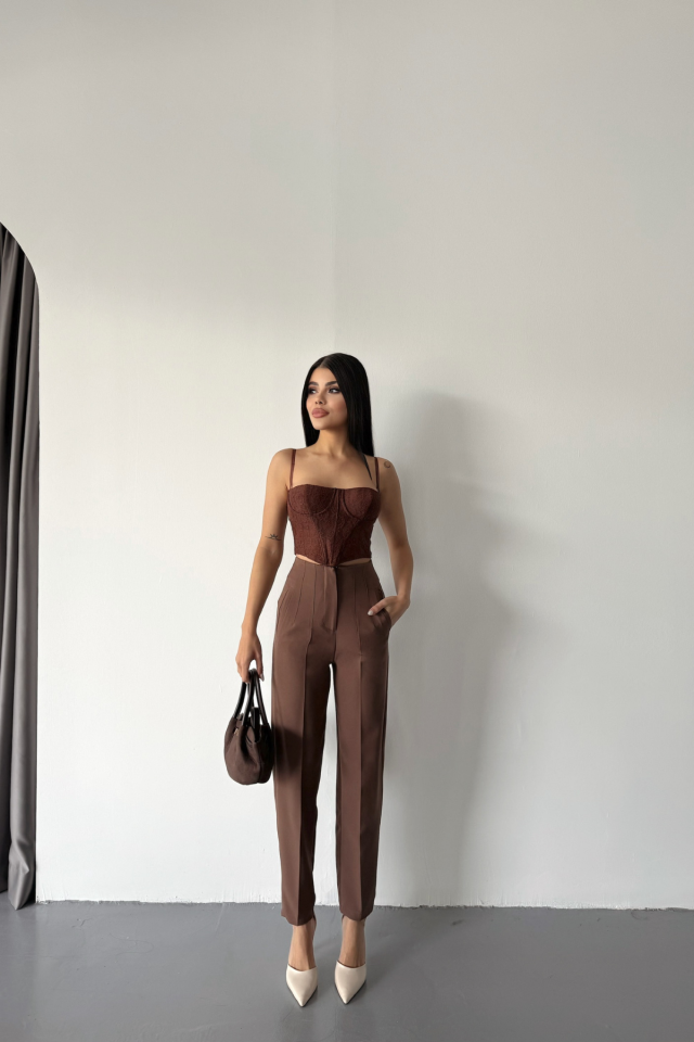 PANTOLON PENSLİ ATLAS KUMAŞ - Kahverengi