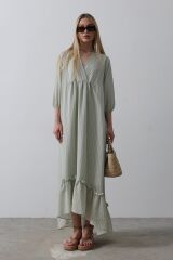 Çizgili Oversize V Yaka Elbise - Haki