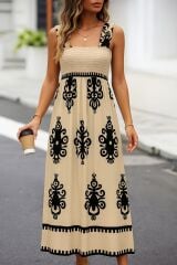 Kadın Askılı Kare Yaka Gipe Detaylı Desenli Suprem Elbise