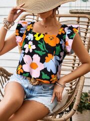 Kadın Kısa Fırfır Kollu Kare Yaka çiçek Desenli Ithal Keten Bluz