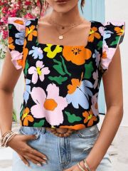 Kadın Kısa Fırfır Kollu Kare Yaka çiçek Desenli Ithal Keten Bluz