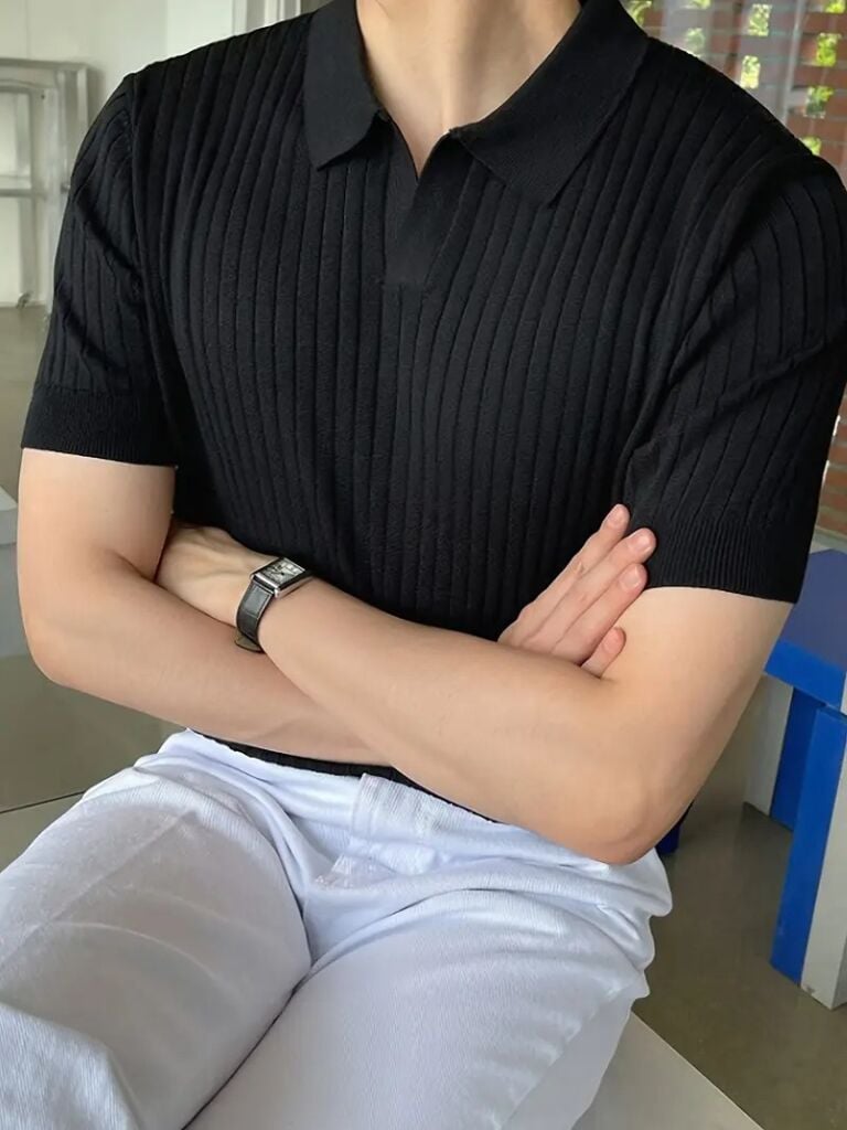 Erkek Kısa Kollu Yakalı çizgi Desenli Triko Bluz