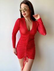 Kadın V Yaka önü Asansör Büzgü Detay Fırsat ürün Puantiyeli Mini Elbise