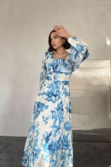 Mavi Arkası Gipeli Uzun Elbise