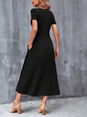 Kadın Kısa Kollu V Yakalı Cepli Viskon Elbise