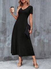 Kadın Kısa Kollu V Yakalı Cepli Viskon Elbise