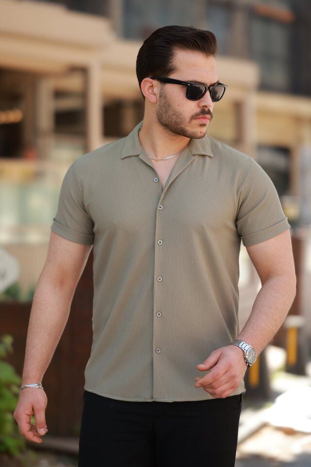 Erkek Ottoman Kumaş Apaj Yaka Kısa Kollu Gömlek
