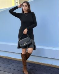 Kadın Uzun Kollu Bisiklet Yaka üst Viskon Etek Ucu Deri Kısa Elbise