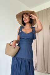 Mavi Tencel Bağlamalı Askılı Elbise