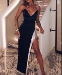 Kadın Dagıç Kumaş Saçaklı Taşlı Askılı Midi Boy Elbise