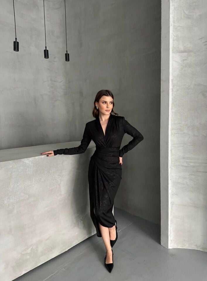 Drape Detaylı Midi Elbise