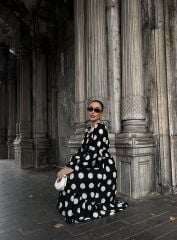 Kadın Uzun Kollu V Yakalı Beli Lastikli Puantiyeli Uzun Krep Elbise