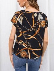 Kadın Moskrep Kumaş çentik Yaka Zincir Desen Baskılı Bluz