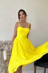 Sarı Göğüs Kuplu Uzun Büzgülü Elbise