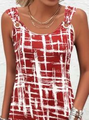 Kadın Askılı Kuş Gözü Detaylı Desenli Süprem Elbise