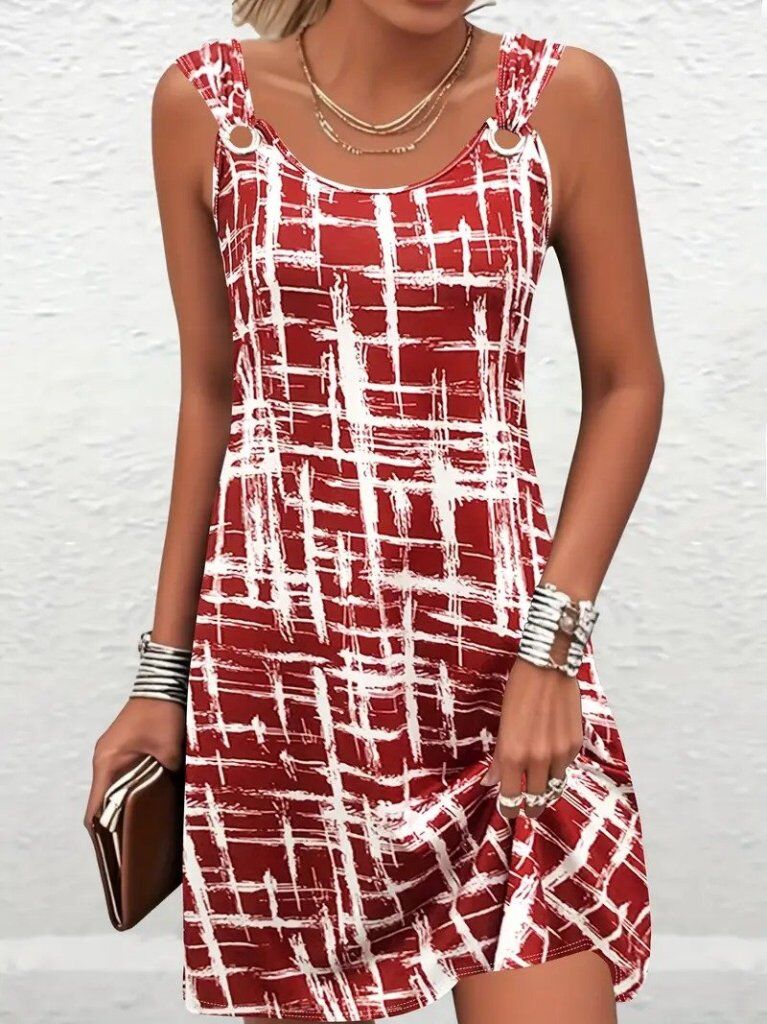 Kadın Askılı Kuş Gözü Detaylı Desenli Süprem Elbise