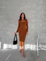 Kadın Uzun Kollu Halka Ve Pencere Dekolte Detay Fırsat ürün Midi Boy Elbise