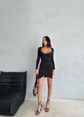 Kadın Uzun Kollu Göğüs Ve Sırt Dekolteli Kruvaze Etek Detay Fırsat ürün Mini Elbise