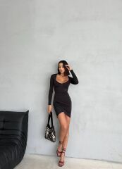 Kadın Uzun Kollu Göğüs Ve Sırt Dekolteli Kruvaze Etek Detay Fırsat ürün Mini Elbise