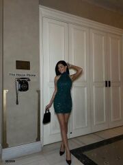 Kadın Pul Payet Kumaş Halter Yaka Mini Elbise