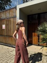 Keten Asimetrik Tek Omuzlu Bluz Pantalon Takım- Bordo