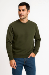 Erkek Üç İplik Düz Bisiklet Yaka SweatShirt - Haki