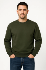 Erkek Üç İplik Düz Bisiklet Yaka SweatShirt - Haki