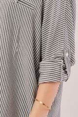 Cep Detay Çizgili Oversize Gri Gömlek