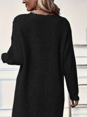 Kadın Uzun Kollu Bisiklet Yakalı önden çapraz Kesim Detaylı Midi Triko Elbise