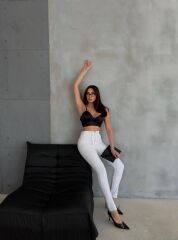 DÜĞME VE FERMUARLI KOT PANTOLON - Beyaz