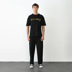 Unisex Bisiklet Yaka Baskılı Oversize T-Shirt - Siyah