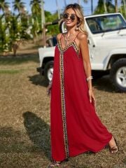 Kadın Askılı V Yakalı Etnik şerit Detaylı Uzun Viskon Elbise