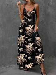 Kadın Ip Askılı V Yakalı çiçek Desenli Süprem Elbise