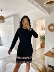 Kadın Uzun Kollu Bisiklet Yaka şerit Leopar Desenli Dalgıç Elbise