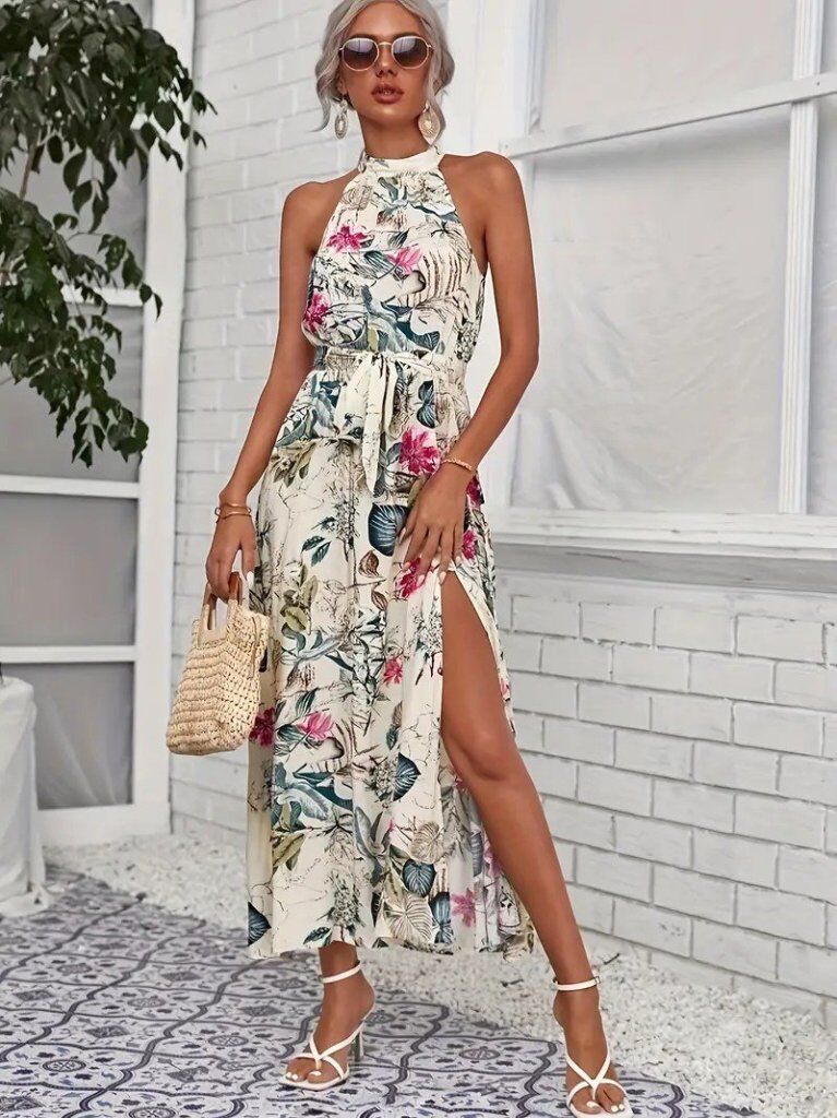 Kadın Omuzlardan Açık Halter Yakalı Yırtmaçlı çiçek Desenli Süprem Elbise