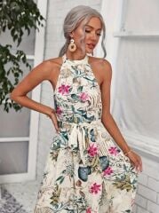 Kadın Omuzlardan Açık Halter Yakalı Yırtmaçlı çiçek Desenli Süprem Elbise