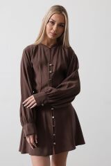 Gold Rengi Düğme Detaylı Elbise - Kahve