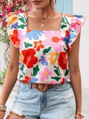 Kadın Kısa Fırfır Kollu Kare Yaka çiçek Desenli Ithal Keten Bluz