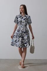 Baskılı Keten Elbise - Lacivert