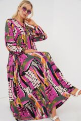 2423 Otantik Desenli Tesettür Elbise - H. Haki