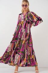 2423 Otantik Desenli Tesettür Elbise - H. Haki